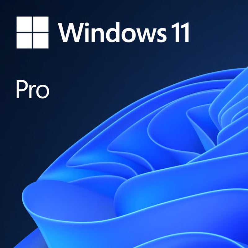 Windows 11 Pro logo with a blue abstract design on a dark background
