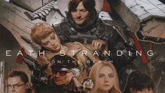 Werbeplakat für „Death Stranding“ mit Figuren und Textüberlagerung.
