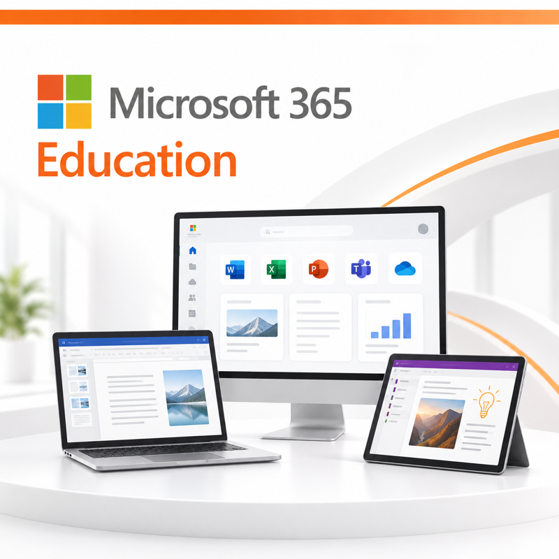 Microsoft 365 Education branding above a desktop monitor, laptop, and tablet on a white display stand, showing software interfaces on a clean white background with orange accents.