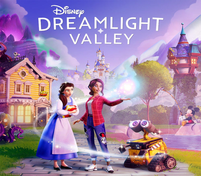 Promotional image for Disney Dreamlight Valley with two characters and a robot in a colorful valley setting.