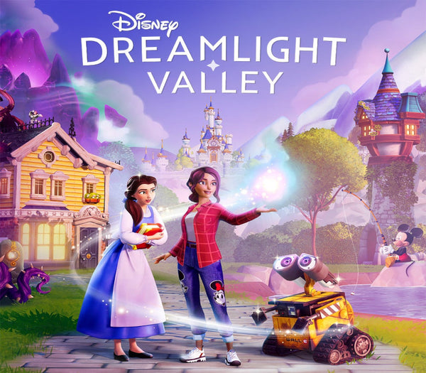 Promotional image for Disney Dreamlight Valley with two characters and a robot in a colorful valley setting.