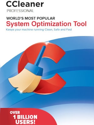 CCleaner software package with cleaning tool icon on a blue and red background