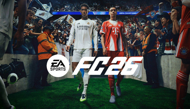 Two soccer players on a field with EA Sports FC 26 branding.