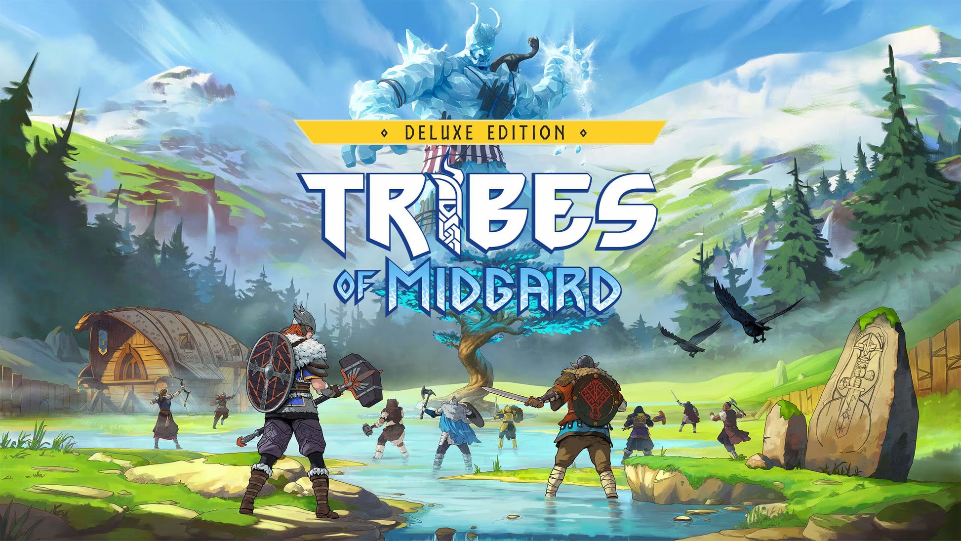 Promotional artwork for the video game Tribes of Midgard Deluxe Edition, featuring stylized Viking characters in a lush, colorful prehistoric landscape with mountains, trees, water, and large title text.