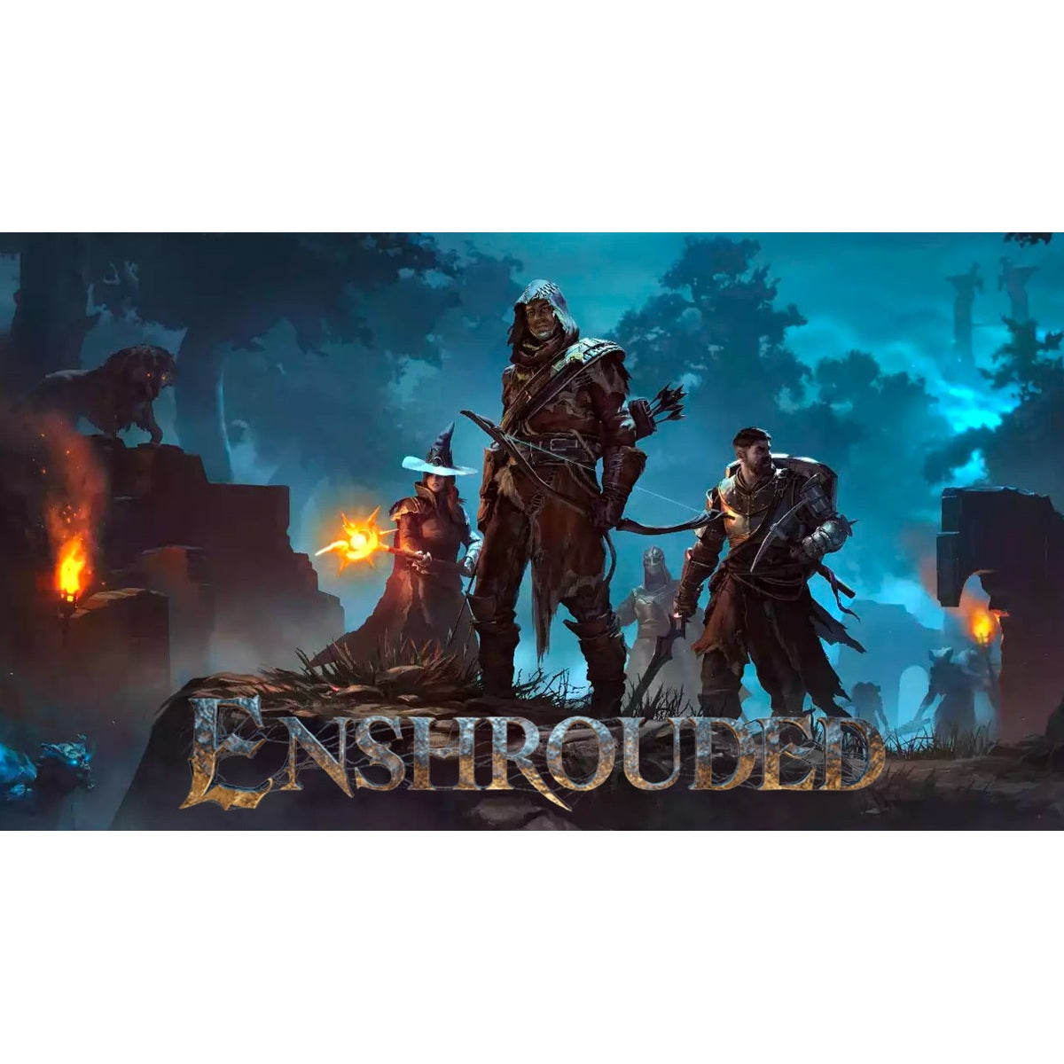 Three characters from the game 'Enshrouded' standing in a dark, forested area with the game's title displayed.