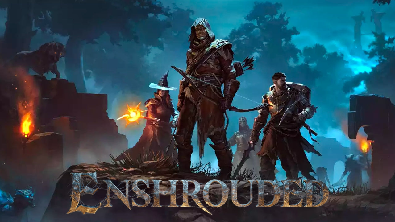 Three characters from the game 'Enshrouded' standing in a dark, forested area with the game's title displayed.