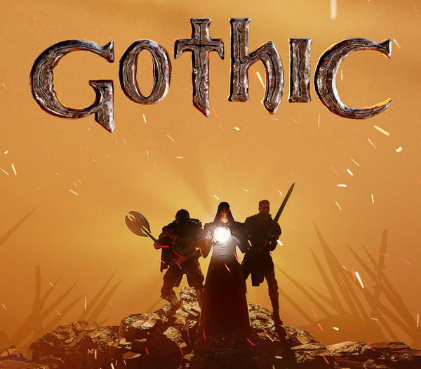 Gothic game cover art featuring the word 'Gothic' in large metallic letters above three silhouetted characters standing on rocks against a glowing orange-yellow background with sparks and dark spires.