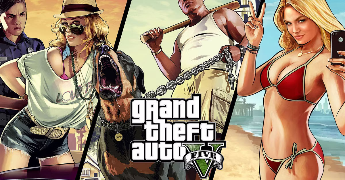 Promotional poster for 'Grand Theft Auto V' featuring characters and the game logo.