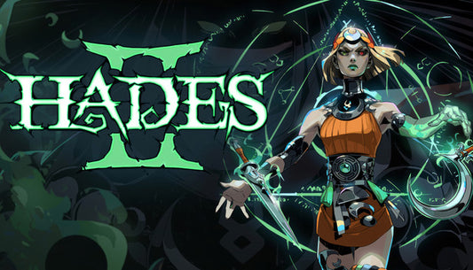 Character from 'Hades' with green energy effects and the game's title in the background.