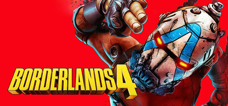 Promotional image for 'Borderlands 4' with a character holding a weapon against a red background.