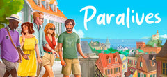 Promotional image for 'Paralives' with people standing on a balcony overlooking a town.