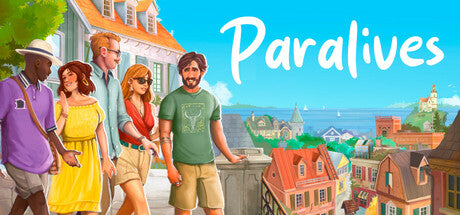 Promotional image for 'Paralives' with people standing on a balcony overlooking a town.