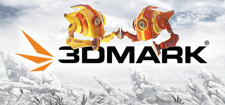 Λογότυπο 3DMark με δύο κόκκινους και κίτρινους χαρακτήρες παιχνιδιών σε χιονισμένο φόντο
