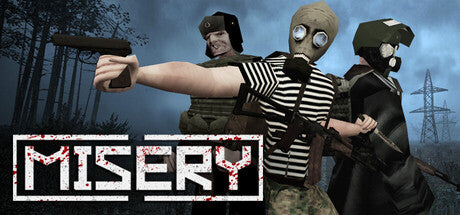 Three characters in a post-apocalyptic setting with the word 'Misery' displayed.