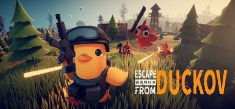 Game character in a forest with 'Escape from Duckov' text
