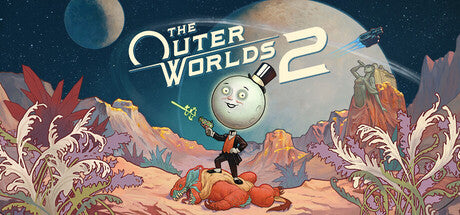 Promotional image for 'The Outer Worlds 2' with a character holding a sphere in a futuristic landscape.