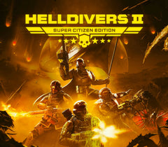 Promotional artwork for the video game Helldivers II Super Citizen Edition, showing several soldiers in space suits and helmets engaging in combat in a fiery, war-torn environment. The title 'HELLDIVERS II' appears prominently at the top with 'SUPER CITIZEN EDITION' below it.