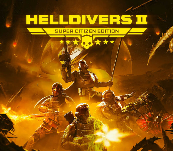 Promotional artwork for the video game Helldivers II Super Citizen Edition, showing several soldiers in space suits and helmets engaging in combat in a fiery, war-torn environment. The title 'HELLDIVERS II' appears prominently at the top with 'SUPER CITIZEN EDITION' below it.