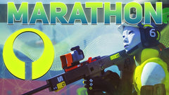 Naslov igre 'Marathon' sa likom koji drži oružje protiv šarene pozadine