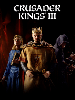 Cover art for the video game 'Crusader Kings III' featuring a man in a medieval costume resembling a king, a woman in blue holding a book, and a hooded figure with a dark expression holding a staff.