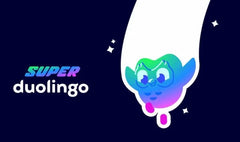 Super Duolingo logo with a colorful character on a dark background