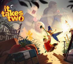 Promotional image for 'It Takes Two' game with characters and flowers.