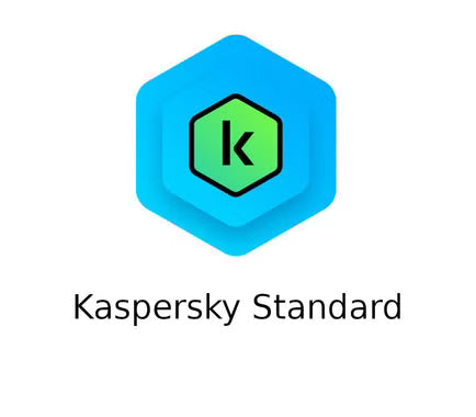 Logo di Kaspersky Standard con un bordo esagonale blu e una 'k' verde su sfondo bianco