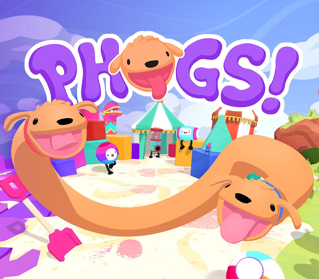 Cartoon dogs with a playground in the background and 'PHGS!' text.