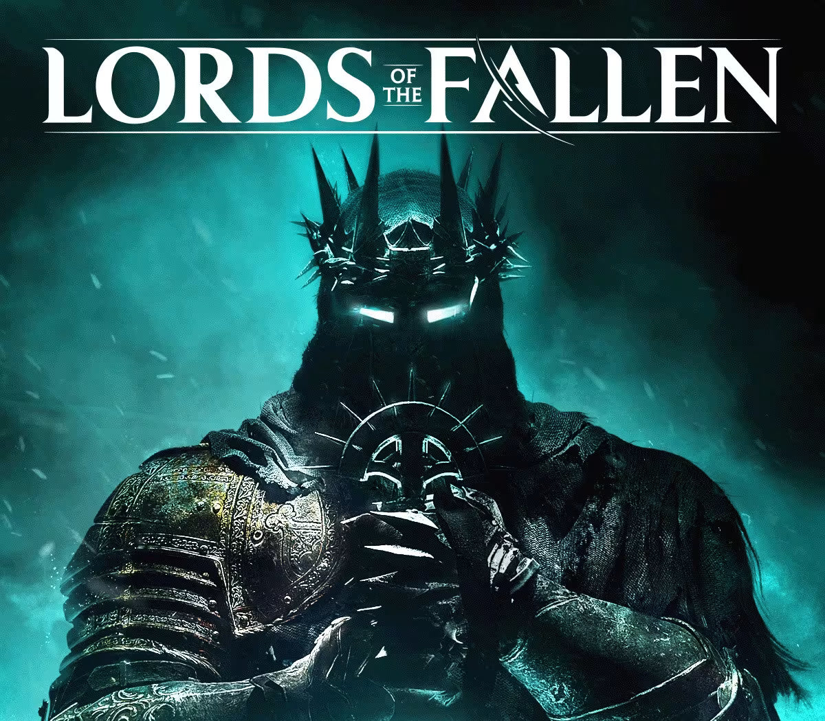 Lords of the Fallen video game cover art featuring a dark armored warrior in a spiked crown with glowing eyes, set against a teal misty background with the game title at the top.
