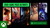 Promotional graphic for Xbox Game Pass Ultimate with character images and branding.
