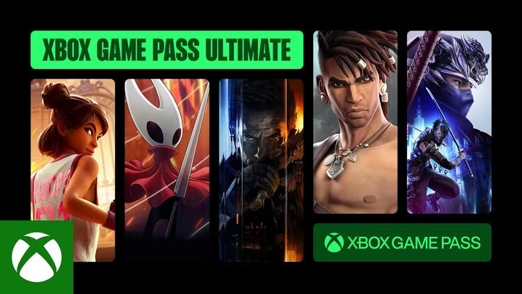 גרפיקה פרסומית עבור Xbox Game Pass Ultimate עם תמונות דמויות ומיתוג.