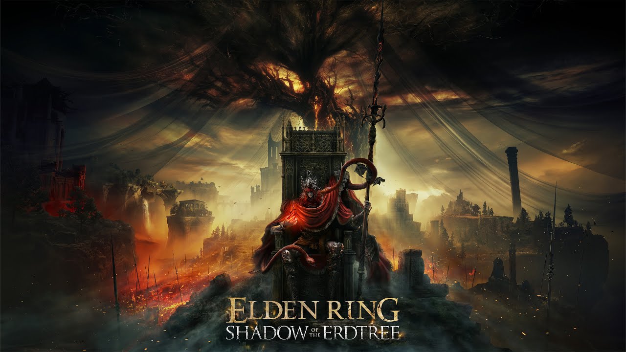 Artistic depiction of a character in a dark, fantasy setting with 'Elden Ring: Shadow of the Erdtree' text.