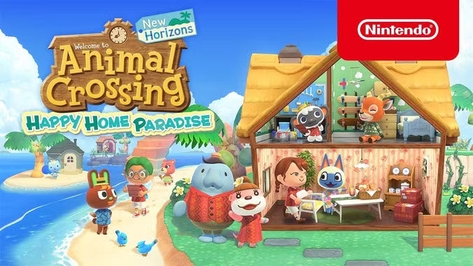 Promotional image for 'Animal Crossing: New Horizons' with characters around a house on a beach.