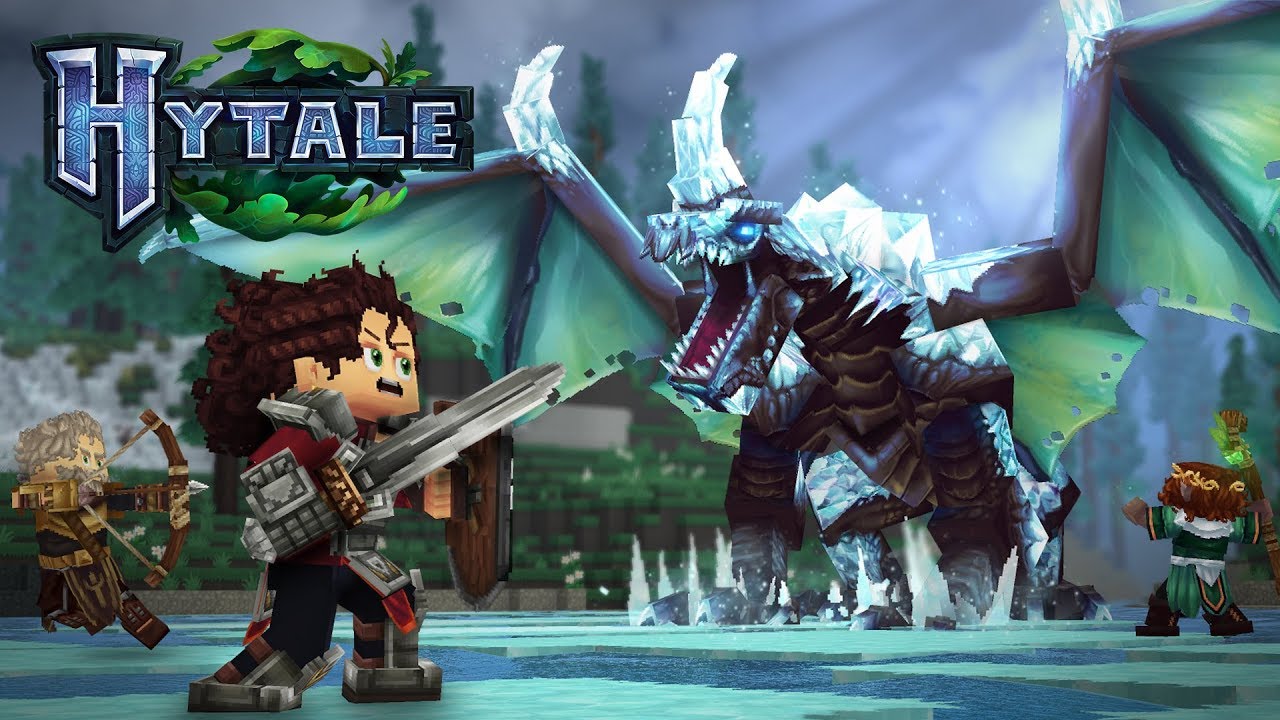 Character from 'Hytale' facing a large dragon-like creature with a snowy landscape in the background.
