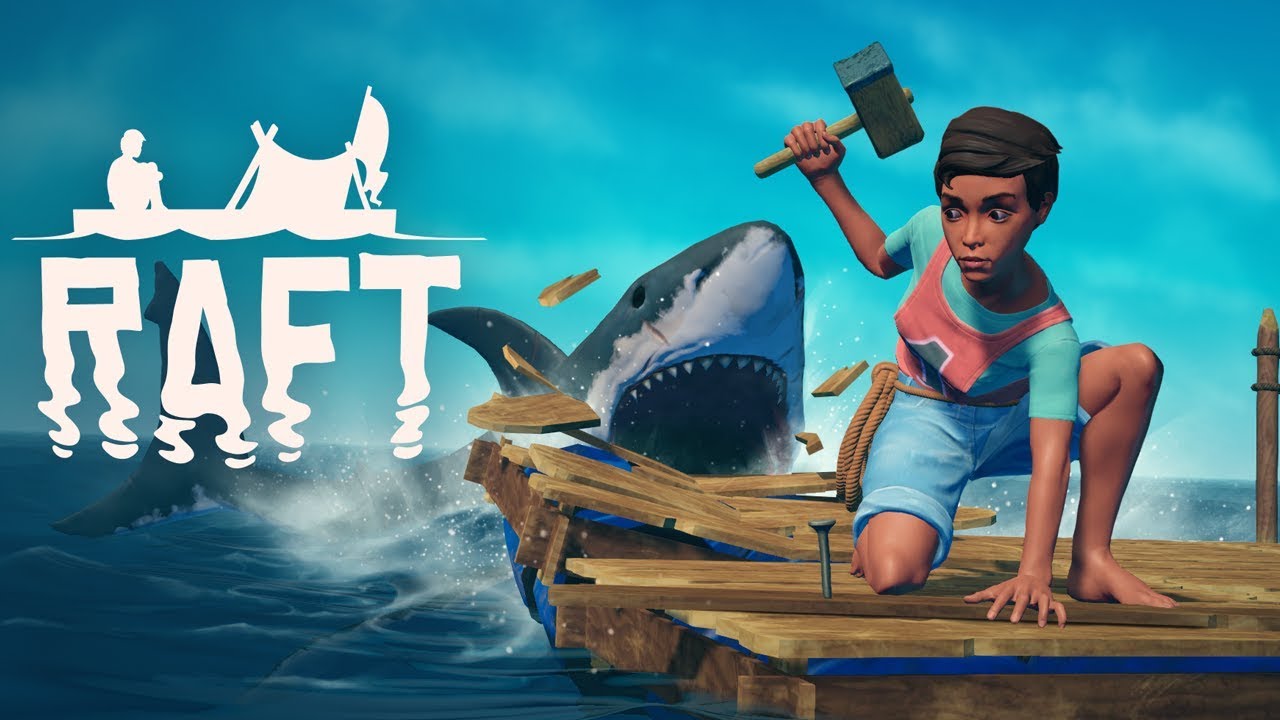 Game 'RAFT' promotional image with a character on a raft and shark in the background.