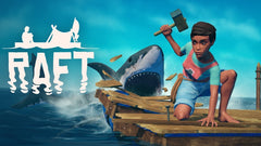 Game 'RAFT' promotional image with a character on a raft and shark in the background.