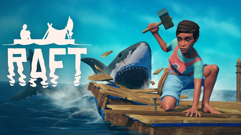 Game 'RAFT' promotional image with a character on a raft and shark in the background.