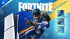 PlayStation console with Fortnite character and items on a blue and yellow background