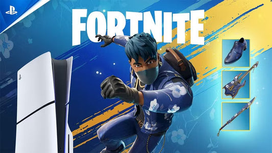 PlayStation console with Fortnite character and items on a blue and yellow background