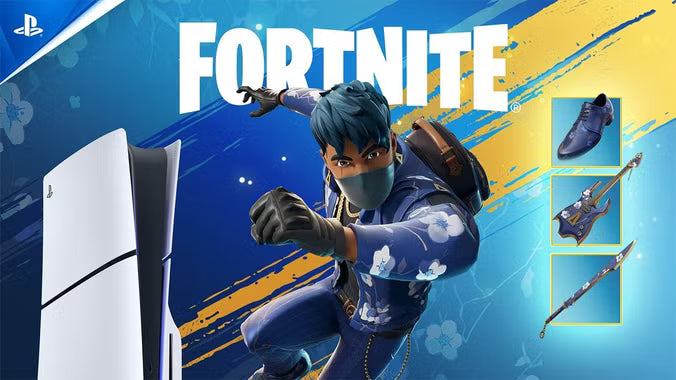 PlayStation konzola sa Fortnite likom i predmetima na plavoj i žutoj pozadini