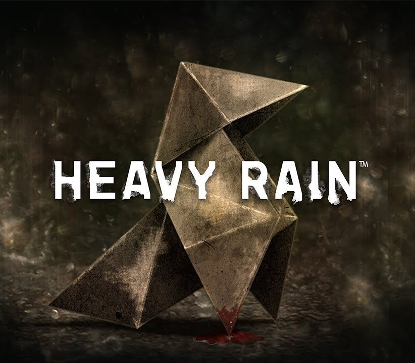 Game title 'Heavy Rain' with a stylized abstract design on a dark background