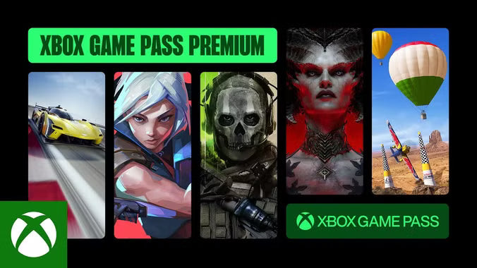 Grafică promoțională pentru Xbox Game Pass Premium cu diverse miniaturi de jocuri și elemente de branding.
