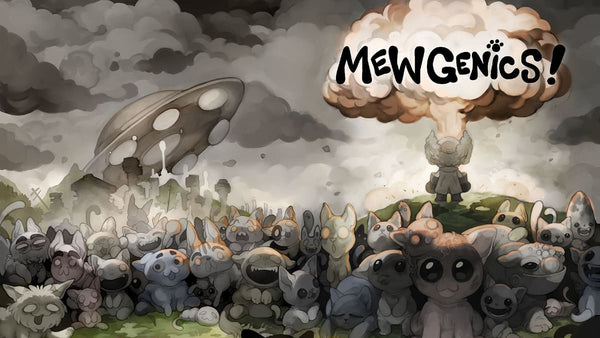 Cartoon-style illustration of a UFO and mushroom cloud with 'Mewgenics!' text, surrounded by small creatures.