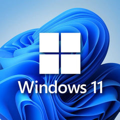 The image shows the Windows 11 logo on a blue abstract background.