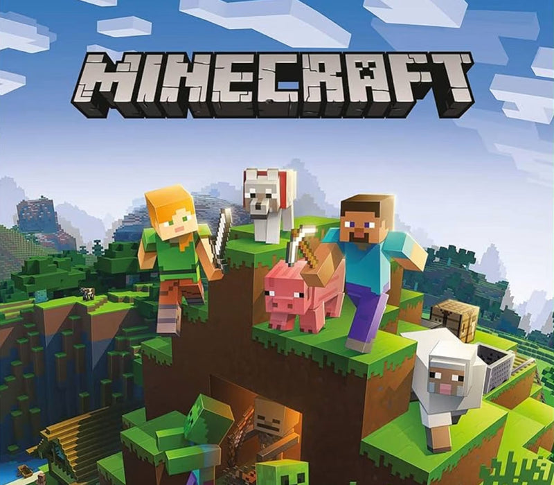 Minecraft characters and animals on a pixelated landscape with the Minecraft logo.