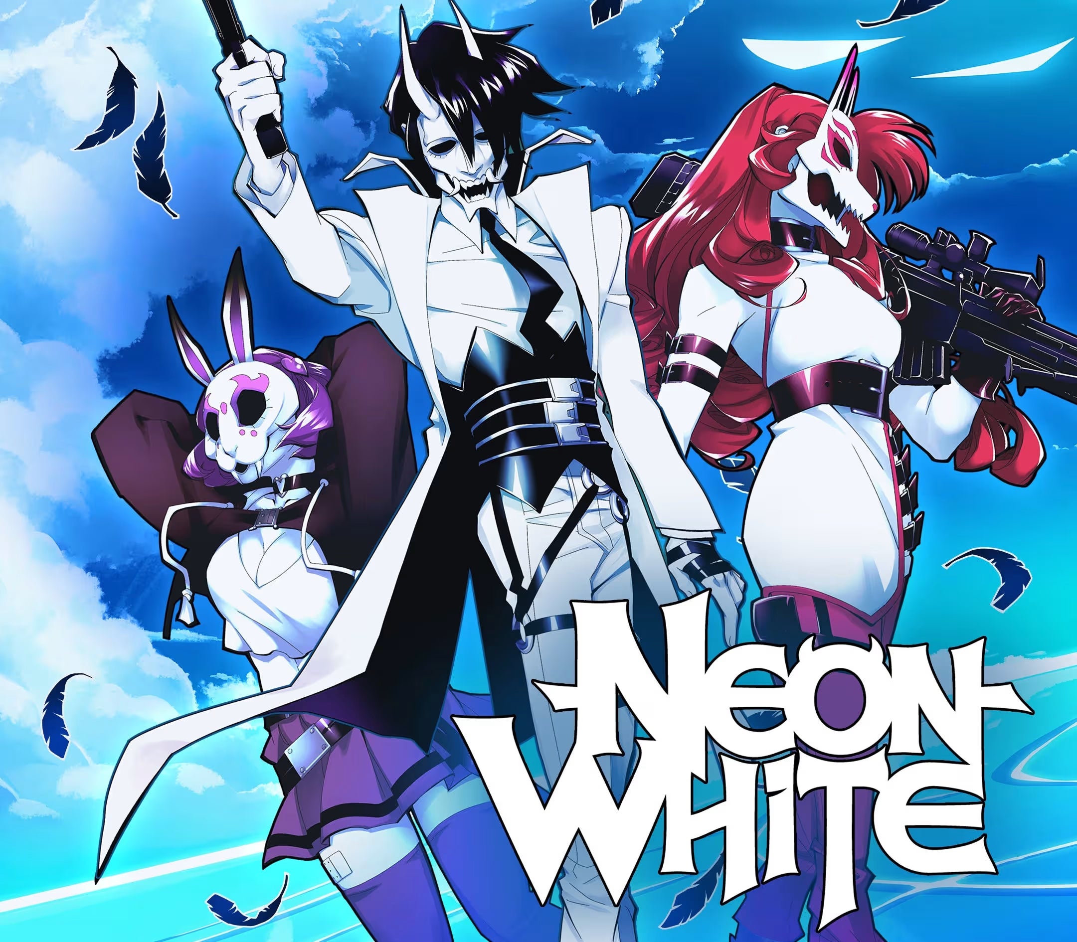 Anime-style cover art featuring three masked characters in white and black outfits against a bright blue sky, with the large text 'NEON WHITE' at the bottom.