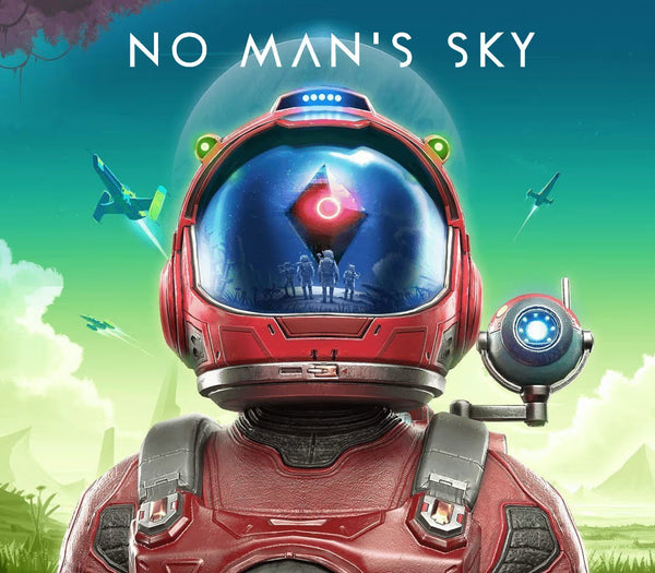 No Man's Sky game cover art featuring a red astronaut helmet and suit in the foreground, with a blue visor reflecting a red diamond-shaped planet icon. The background shows a green alien landscape with flying vehicles and the title 'NO MAN'S SKY' at the top.
