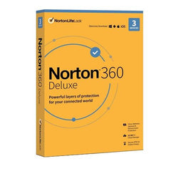 Kutija softverskog paketa Norton 360 Deluxe na beloj pozadini