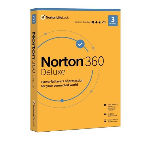 Kutija softverskog paketa Norton 360 Deluxe na beloj pozadini