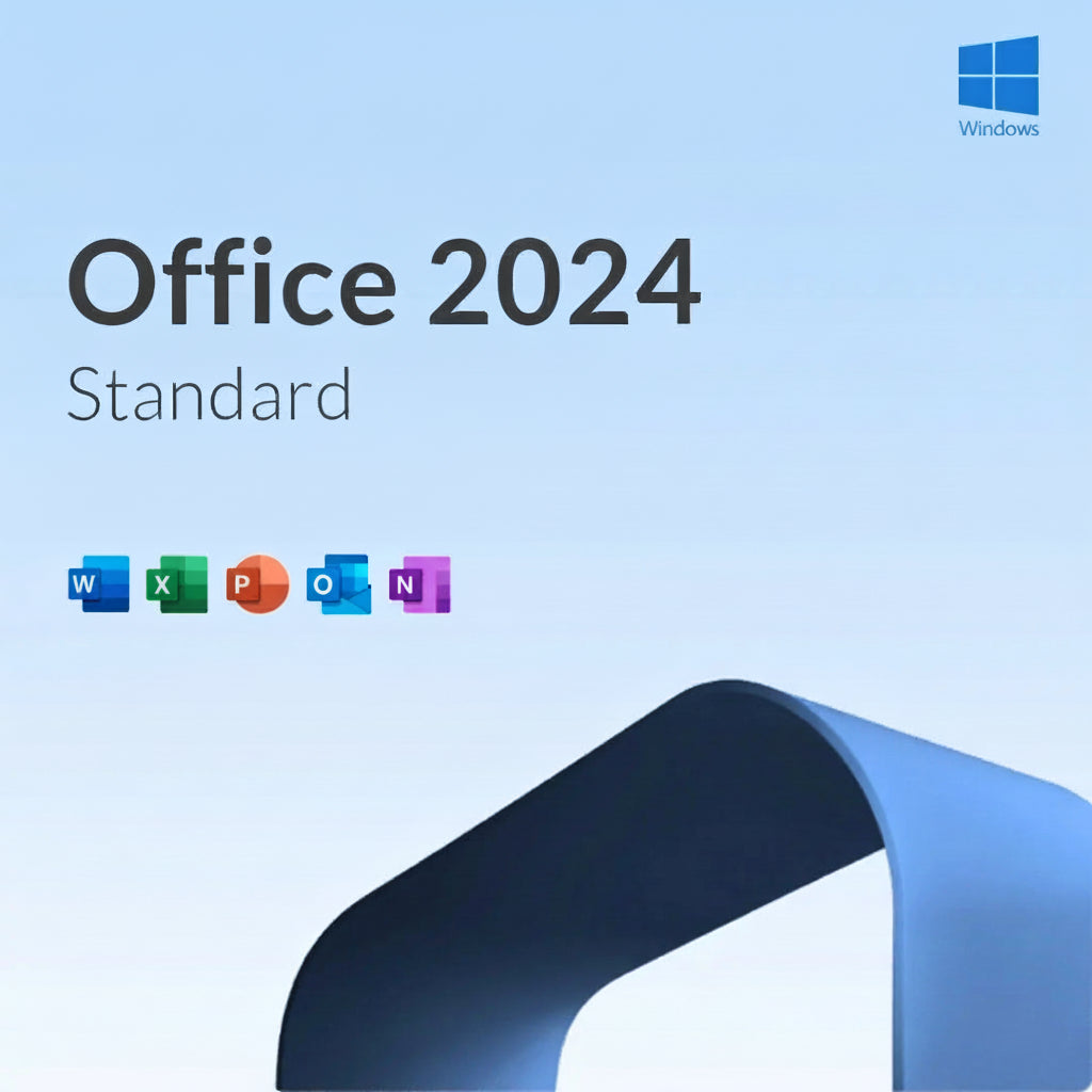 Imagen promocional de Microsoft Office 2024 Standard LTSC con el logotipo de Microsoft y los iconos de Word, Excel, PowerPoint y Outlook.